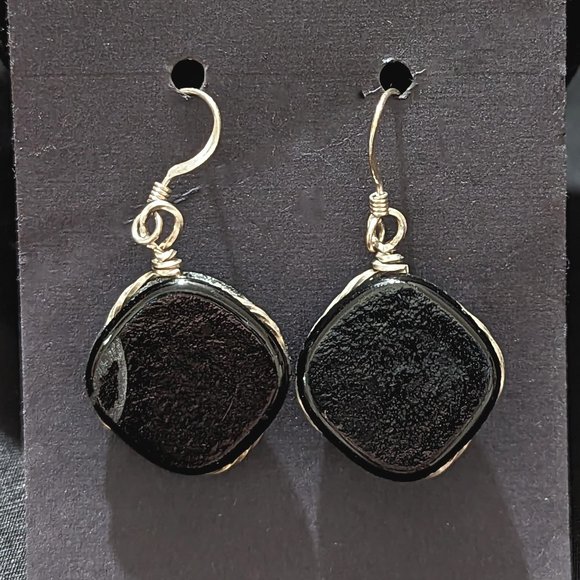 Modern Multicolor Textured Dichroic Sterling Silver Wire-Wrapped Glass Earrings - Picture 3 of 3